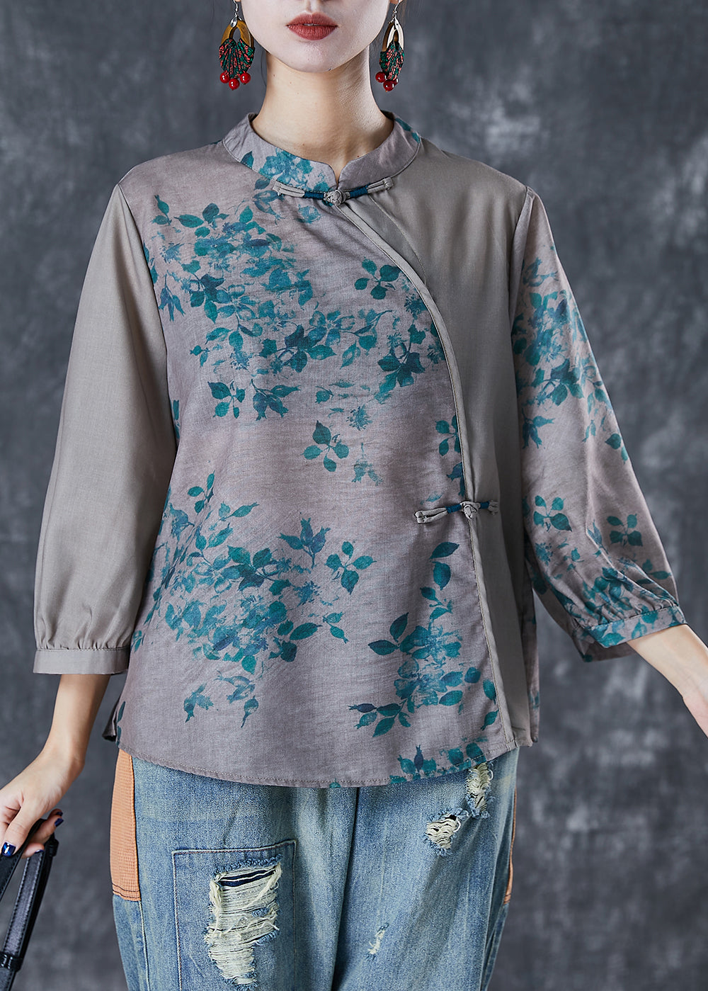 Grey Chinese Style Patchwork Print Linen Blouse Top Fall