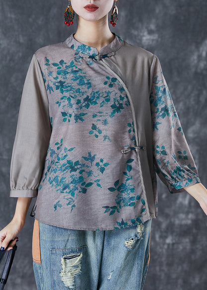 Grey Chinese Style Patchwork Print Linen Blouse Top Fall
