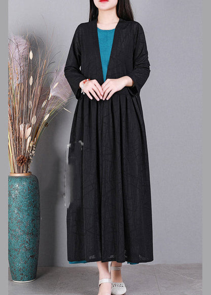 Black V Neck Cinched Linen Cardigans Long Sleeve