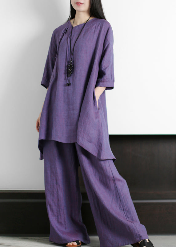 Chocolate Asymmetrical Linen Tops and Wide Leg Pants Half Sleeve