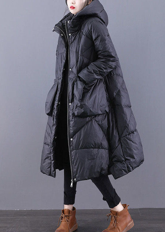 Loose Black Hooded Pockets Cotton Blend Winter Down Coat