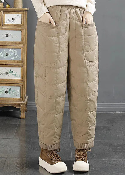 Simple Brown Pockets Warm Duck Down Pants Winter