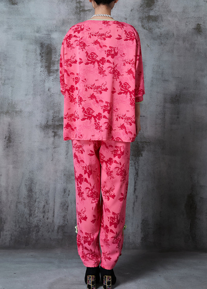 Red Print Chinese Button Cotton Two Pieces Set Summer
