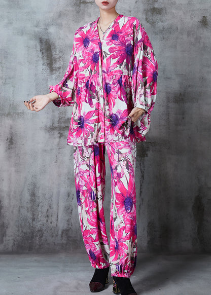 Rose Oversized Print Cotton Two Pieces Set Summer