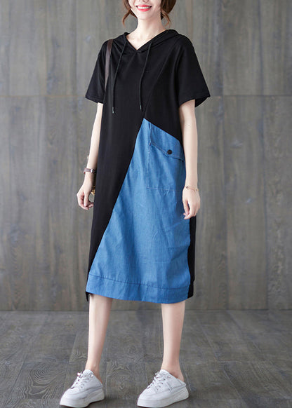 Blue Black Hooded Drawstring Patchwork Dress Short Sleeve Summer