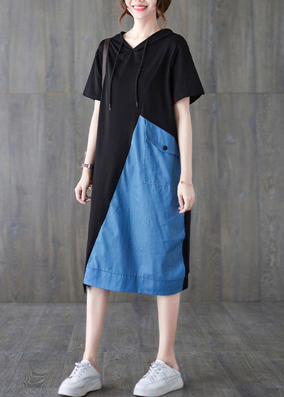 Blue Black Hooded Drawstring Patchwork Dress Short Sleeve Summer