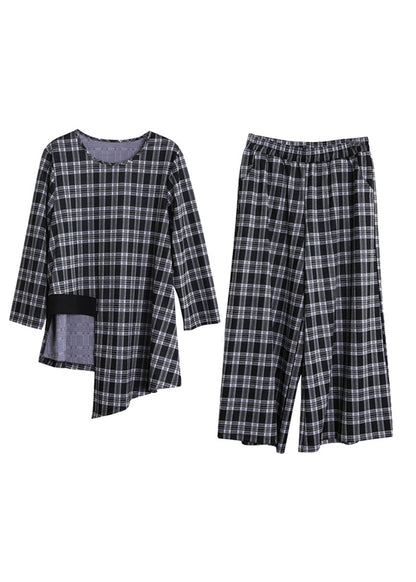 Handmade Black White Plaid O-neck Asymmetrical Top and Wide Leg Pants Two Pieces Set Spring