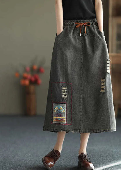 Black Side Open Embroideried Pockets Cotton Denim Ripped Skirt Summer