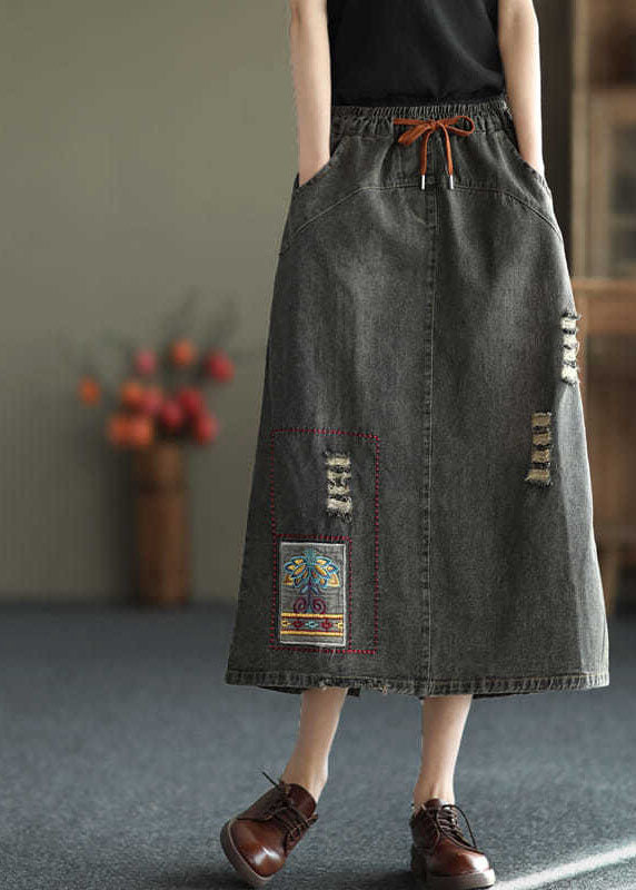 Black Side Open Embroideried Pockets Cotton Denim Ripped Skirt Summer