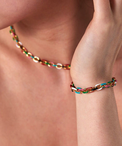 Rainbow Stainless Steel Drip Glaze Enamel Bracelet and Pendant Necklace Two Piece Set