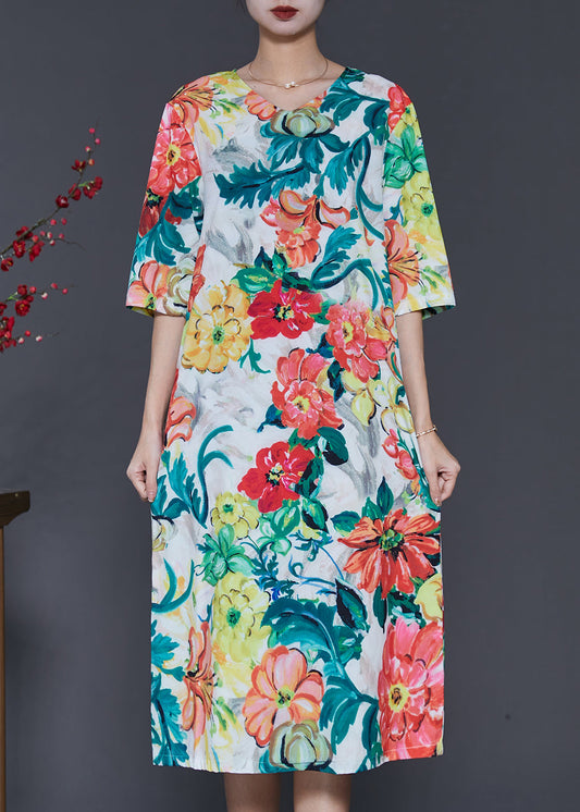 French V Neck Print Silk Dress Half Sleeve