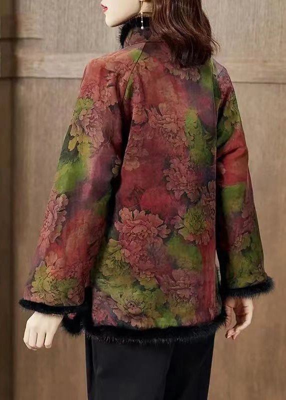 Colorblock Fur Collar Print Pockets Fleece Coat Winter