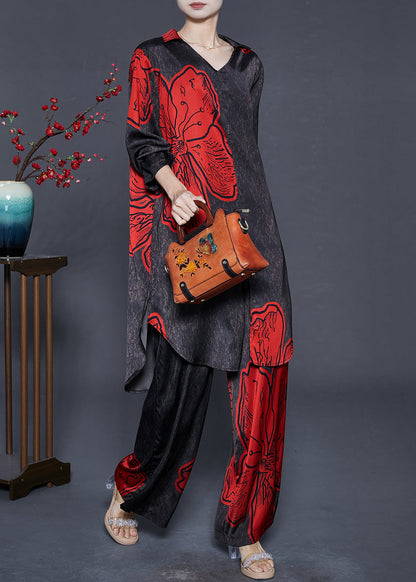 Black Oversized Print Silk Two Piece Set Outfits Fall