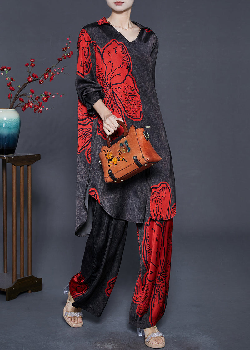 Black Oversized Print Silk Two Piece Set Outfits Fall