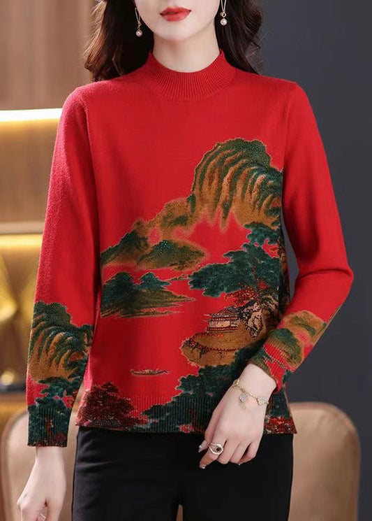 Red Print Cozy Wool Knit Tops O-neck Long Sleeve
