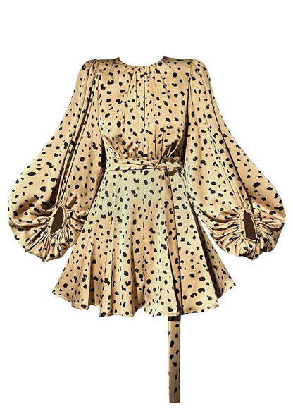 French Yellow O-neck Leopard Print Draping Silk Party Mid Dress Lantern Sleeve