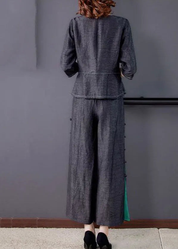 Black Asymmetrical Patchwork Wrinkled Silk Two Piece Suit Set Summer