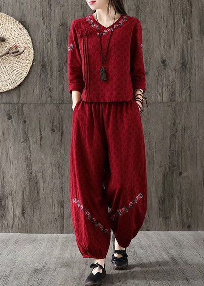 Red V Neck Wrinkled Embroideried Cotton Two Piece Set Spring