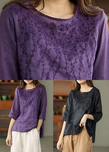 Black O Neck Embroideried Patchwork Linen T Shirt Summer