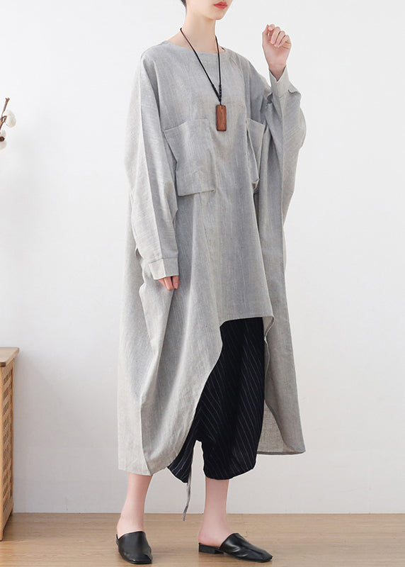 Light Grey Drawstring Asymmetrical Pockets Cotton Tops Batwing Sleeve