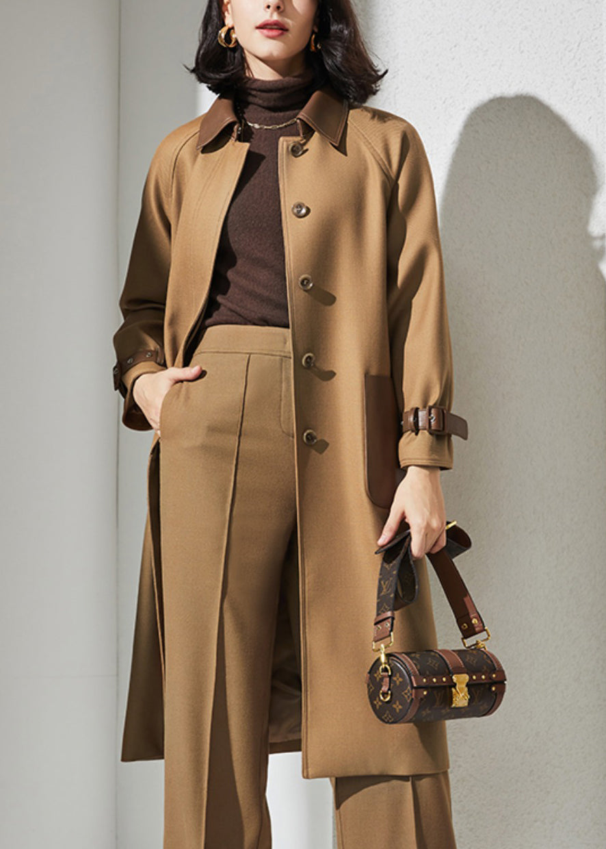 Khaki Peter Pan Collar Pockets Patchwork Button Wool Trench Coat Spring