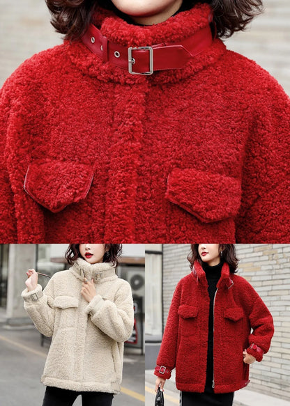 Loose Red Zippered Patchwork Teddy Faux Fur Coat Winter