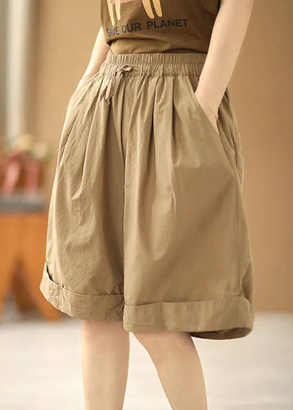 Stylish Khaki Elastic Waist Pockets Color Cotton Wide Leg Shorts Summer