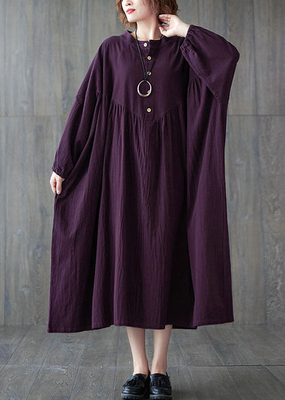 Purple Wrinkled Cotton Dresses Long Sleeve