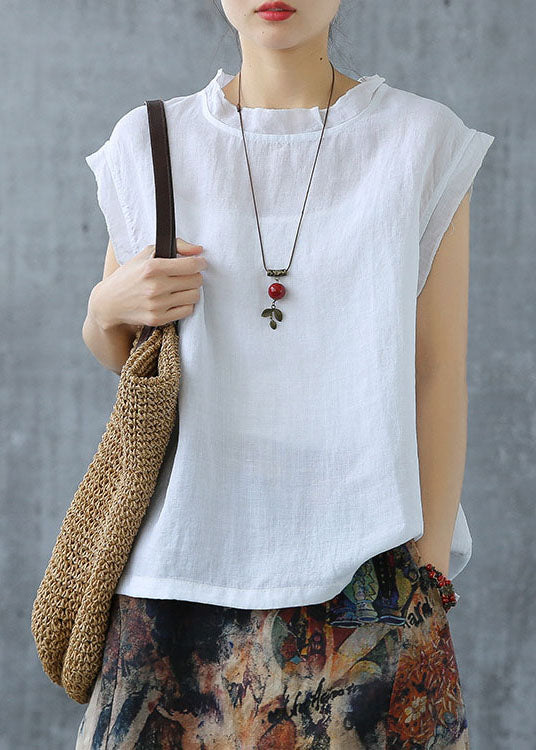 Black Plaid Drawstring Turtle Neck Linen Tank Short Sleeve