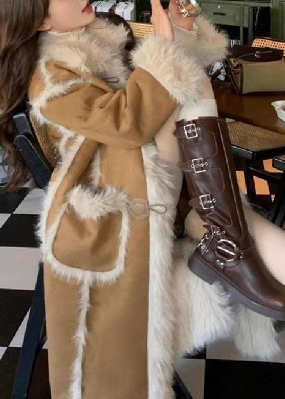 Stylish Khaki Pockets Patchwork Leather and Fur Warm Fleece Coat Winter