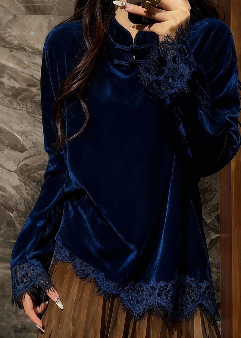 Peacock Blue Mandarin Collar Patchwork Lace Silk Velour Top Spring