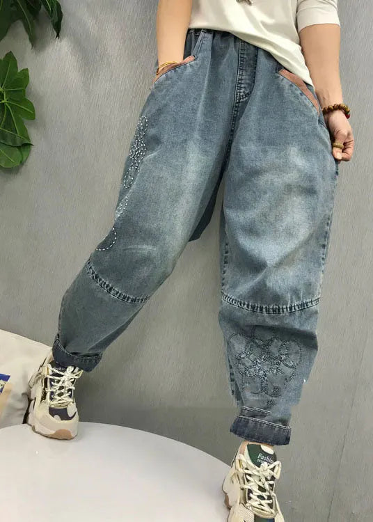 Natural Blue Embroideried Patchwork Denim Pants Spring