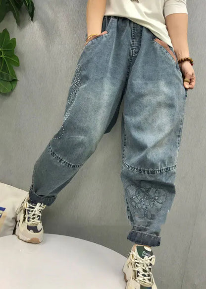 Natural Blue Embroideried Patchwork Denim Pants Spring