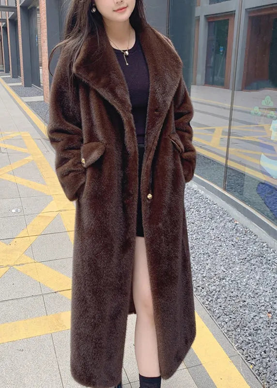 Beige Notched Button Thick Leather and Fur Long Coats Winter