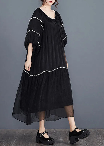 Black Nail Bead Long Dresses Half Sleeve