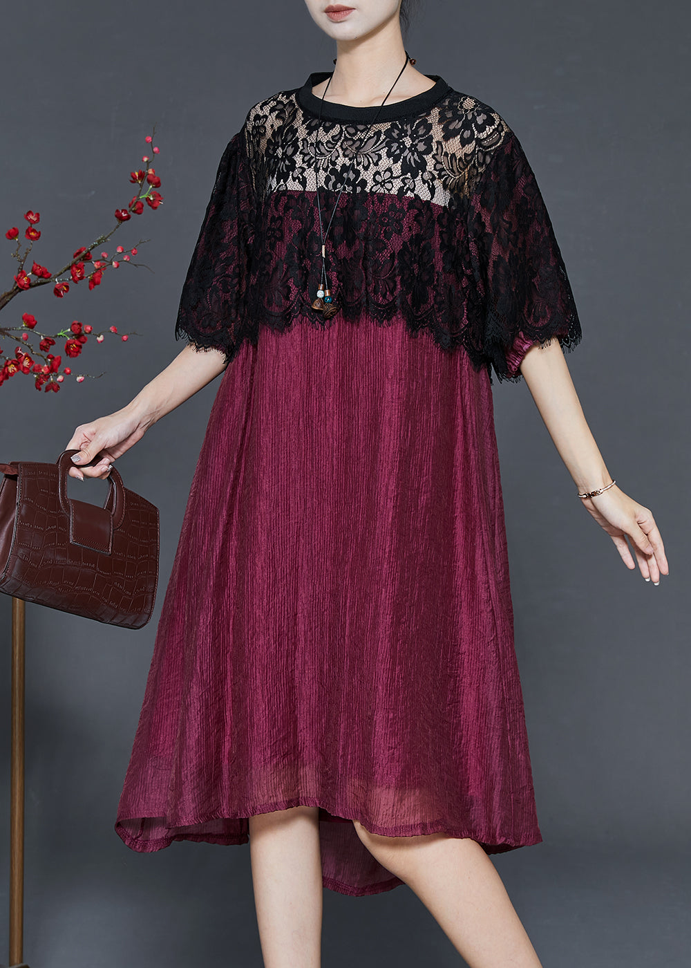 Dull Red Oversized Patchwork Lace Dress Summer