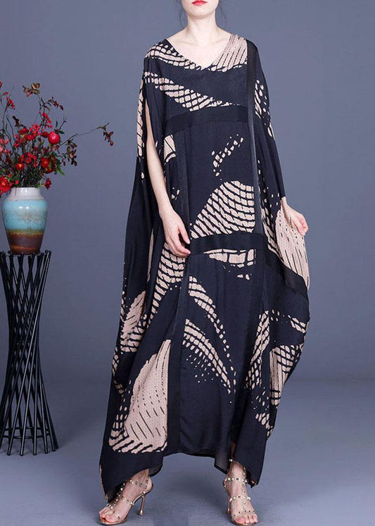 Loose Black Print O-neck Batwing Sleeve Silk Dresses Summer