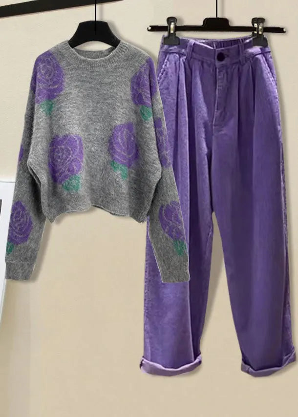 Black Print O-neck Cotton Knit Sweater and Straight Pants Two Pieces Set Spring