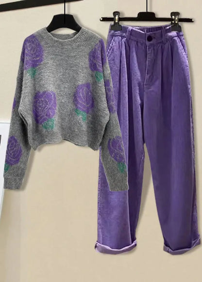 Black Print O-neck Cotton Knit Sweater and Straight Pants Two Pieces Set Spring