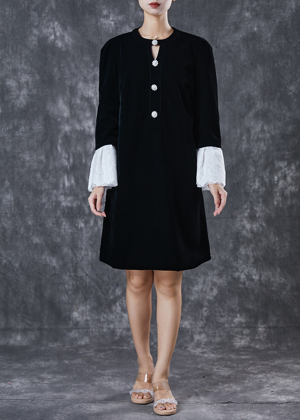 French Black Hollow Out Velour Holiday Dress Flare Sleeve