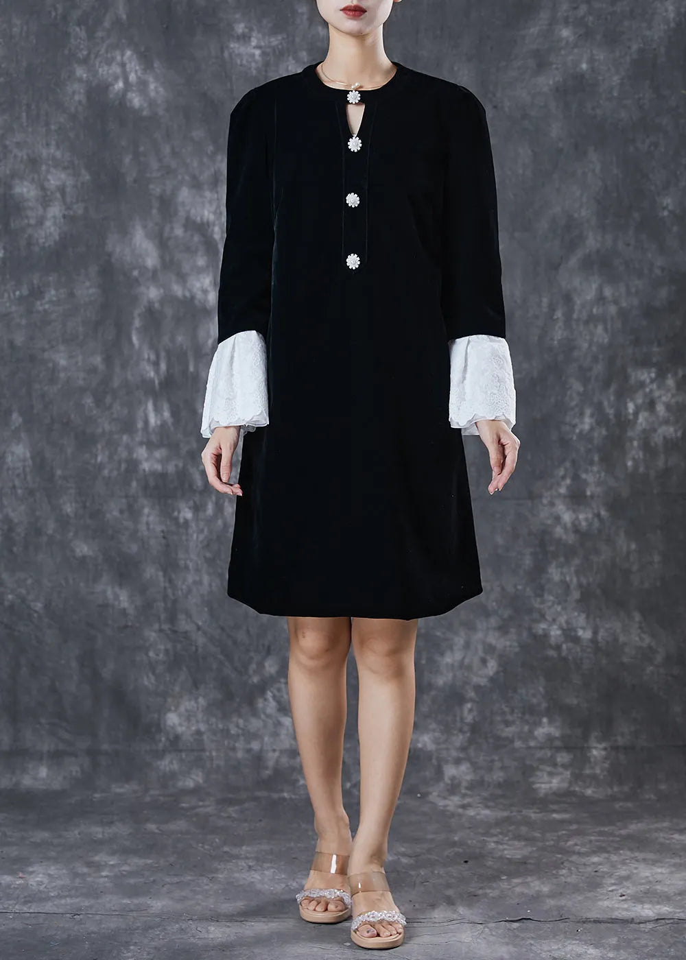 French Black Hollow Out Velour Holiday Dress Flare Sleeve