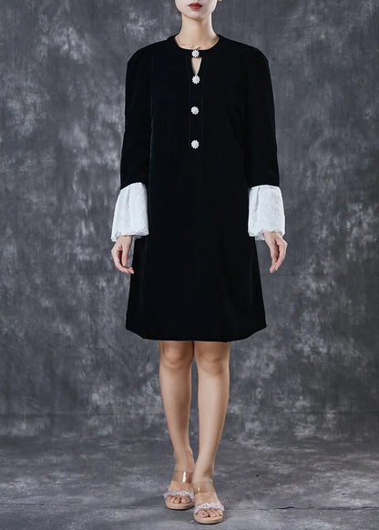French Black Hollow Out Velour Holiday Dress Flare Sleeve