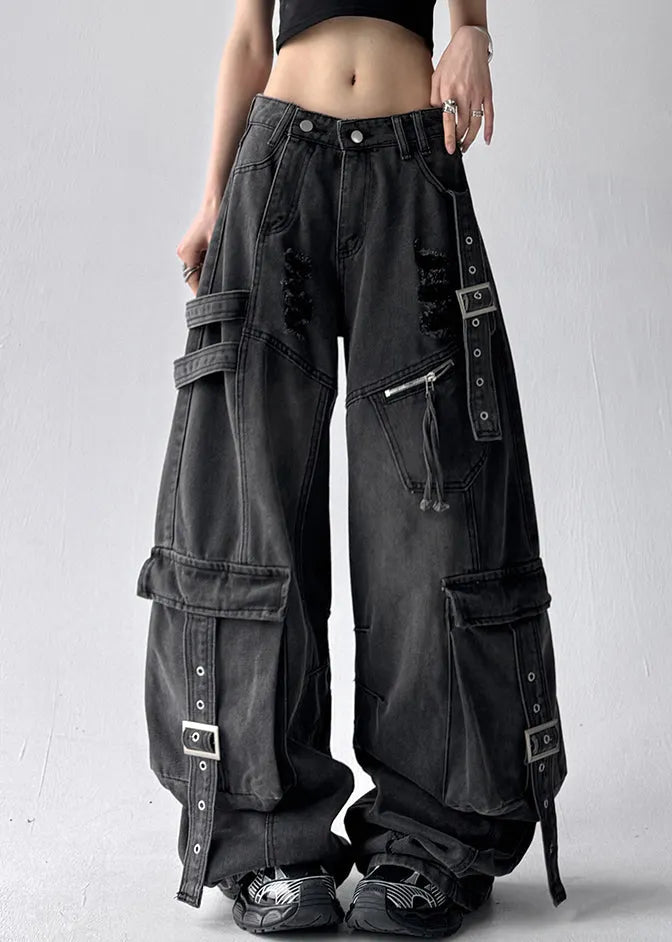 Black Original Design Pockets Denim Pants High Waist