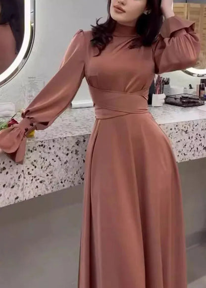 Spring Waist Cinching Silk Long Dress