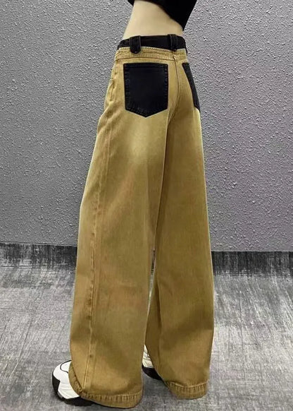 Khaki Pockets Patchwork Denim Wide Leg Pants Fall