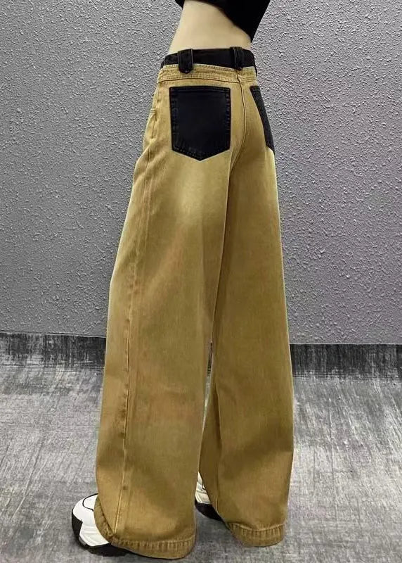 Khaki Pockets Patchwork Denim Wide Leg Pants Fall