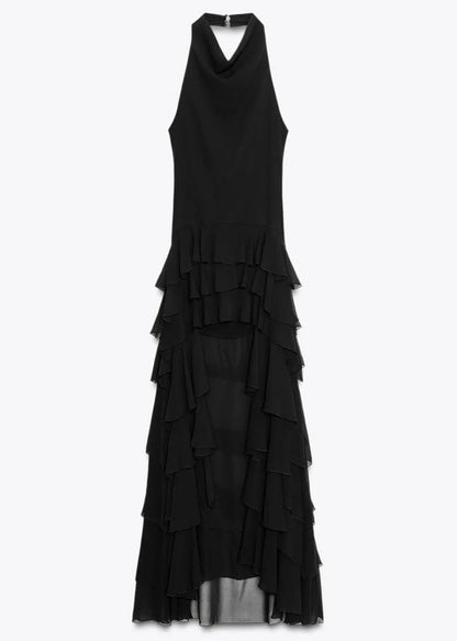 Black Ruffled Low High Design Chiffon Dresses Sleeveless