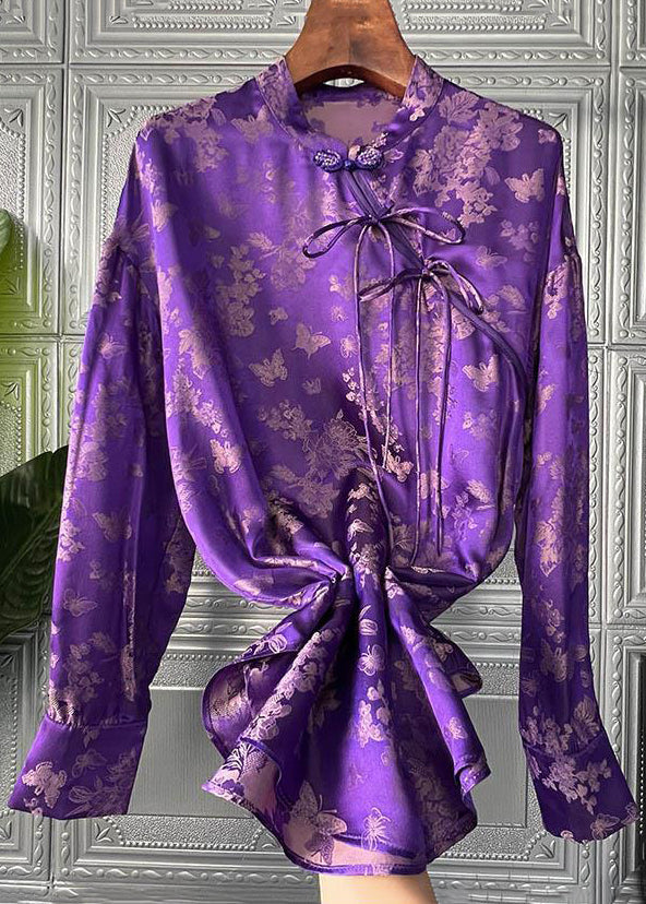 Purple Print Lace Up Patchwork Silk Shirts Long Sleeve