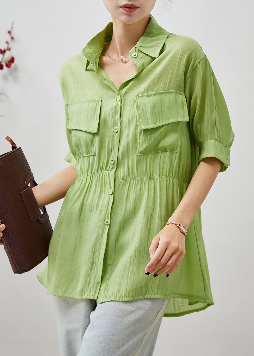 Green Cinched Silm Fit Cotton Blouse Top Summer