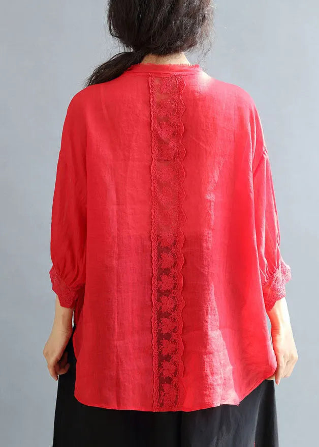 Red Patchwork Lace Linen Loose Tops O-neck Bracelet Sleeve
